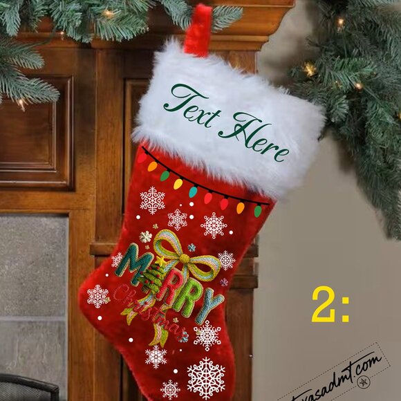 Personalized Merry Christmas Stocking Name/Custom Red Plush with Printed Lights - Picture 2 of 16